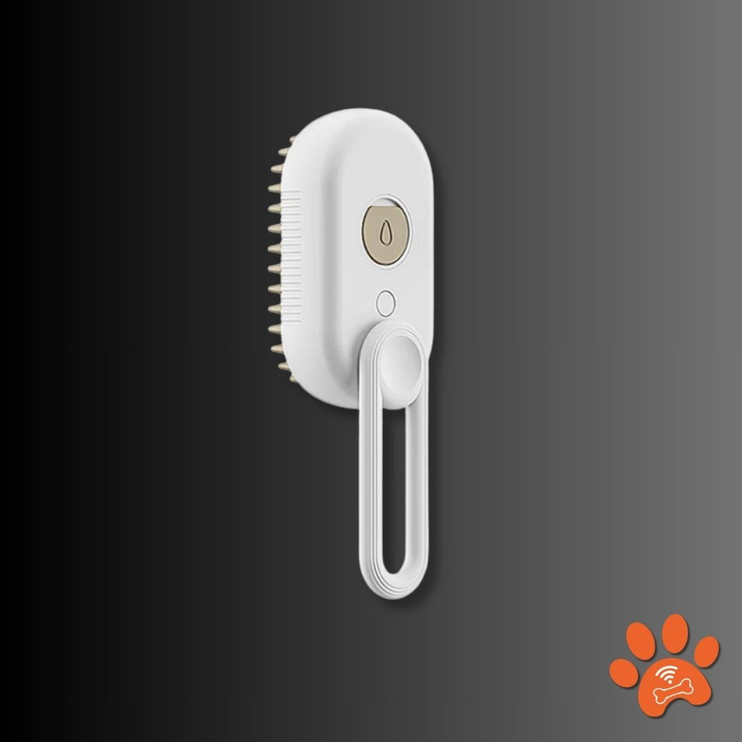 White pet grooming brush with a paw logo on a dark background