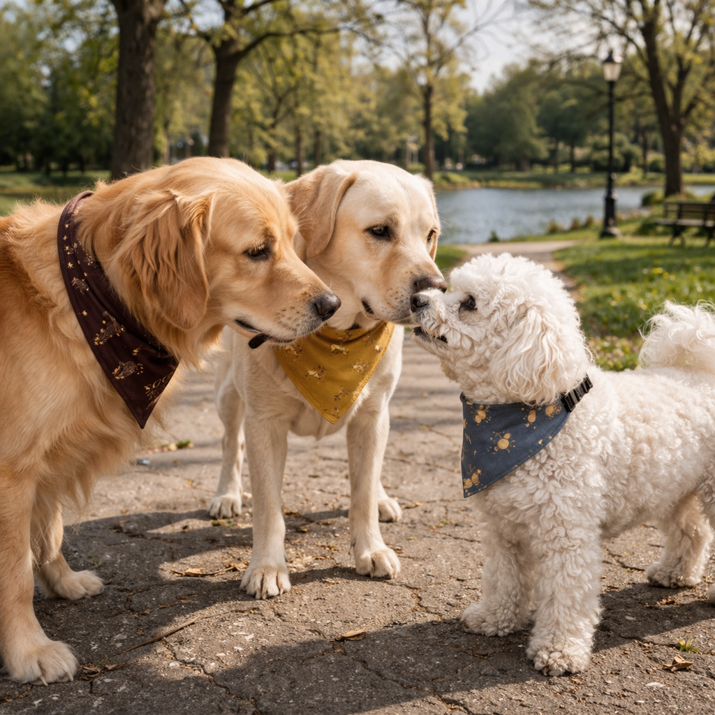 Three dogs wearing bandanas in a park setting with trees and a lake in the background.