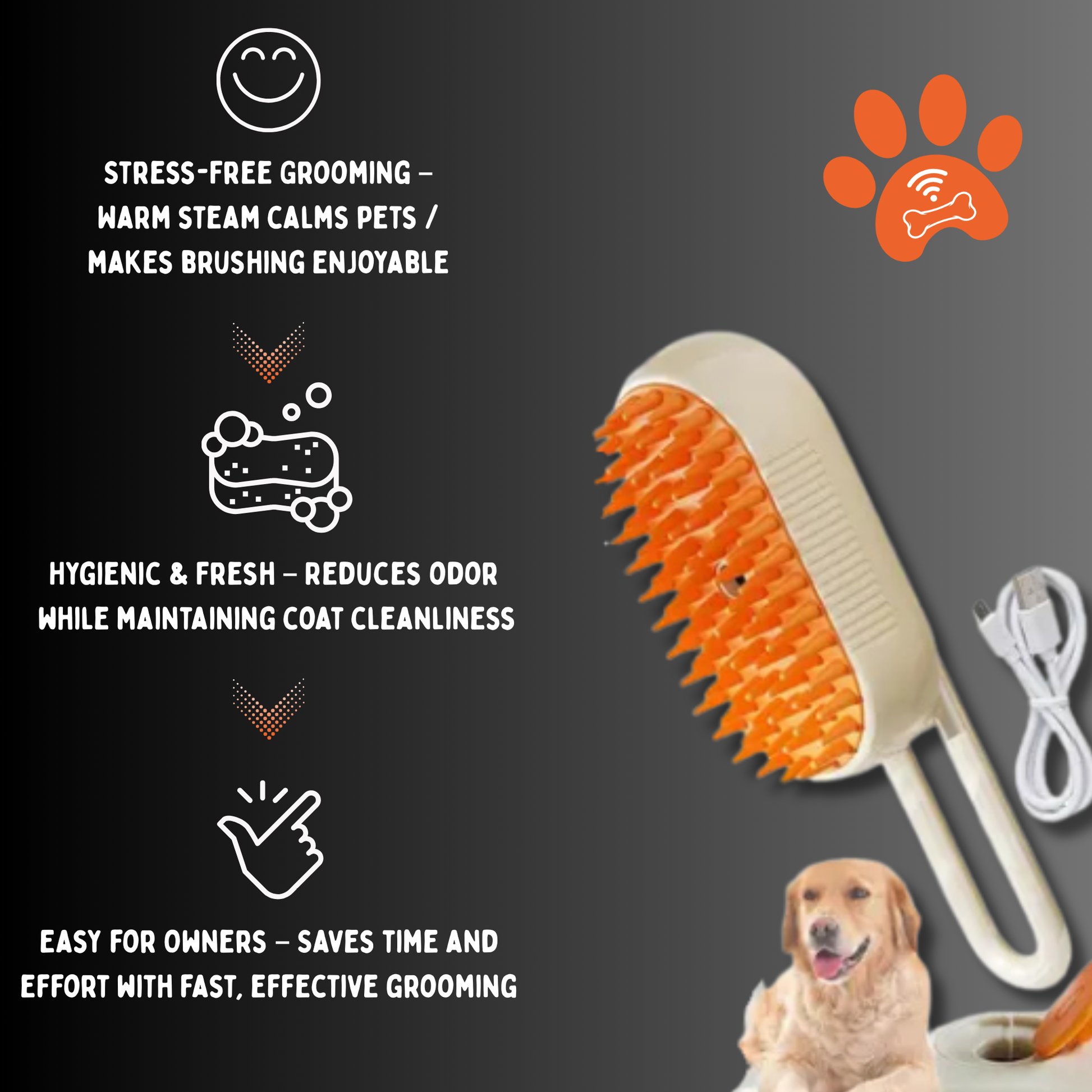 Pet grooming brush with features listed on a dark background cat dog