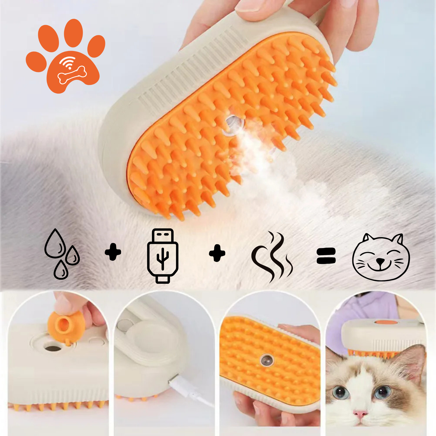 Pet Glow Steam Brush with orange bristles releasing steam while grooming a cat – USB rechargeable 3-in-1 grooming tool for cleaning, detangling, and shiny coats