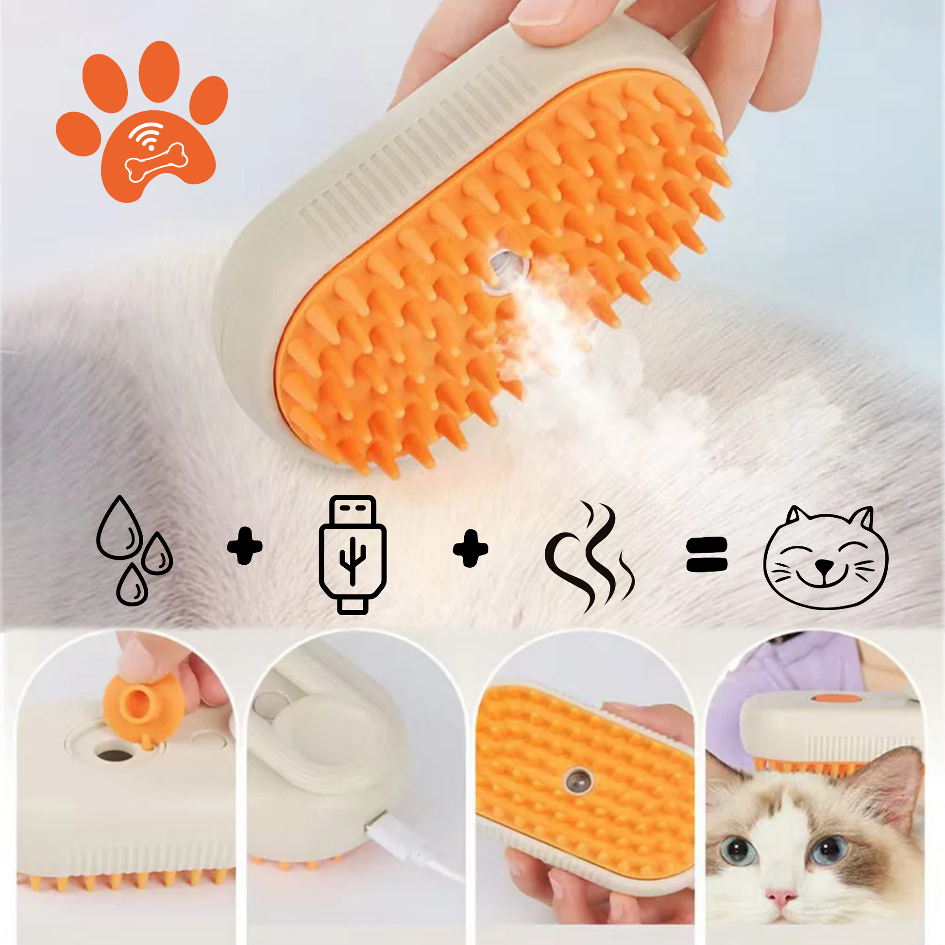 Pet Glow Steam Brush with orange bristles releasing steam while grooming a cat – USB rechargeable 3-in-1 grooming tool for cleaning, detangling, and shiny coats