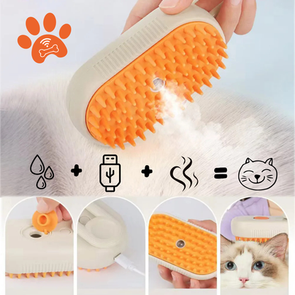 Pet Glow Steam Brush with orange bristles releasing steam while grooming a cat – USB rechargeable 3-in-1 grooming tool for cleaning, detangling, and shiny coats