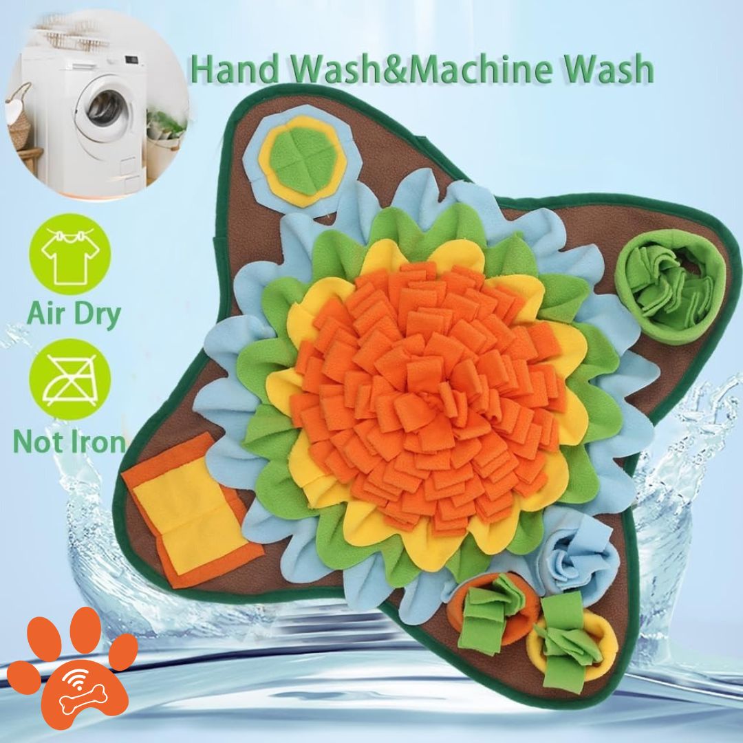 Colorful dog-shaped bath toy with a sunflower design, washing instructions, and water droplets.