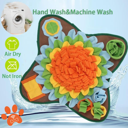 Colorful dog-shaped bath toy with a sunflower design, washing instructions, and water droplets.